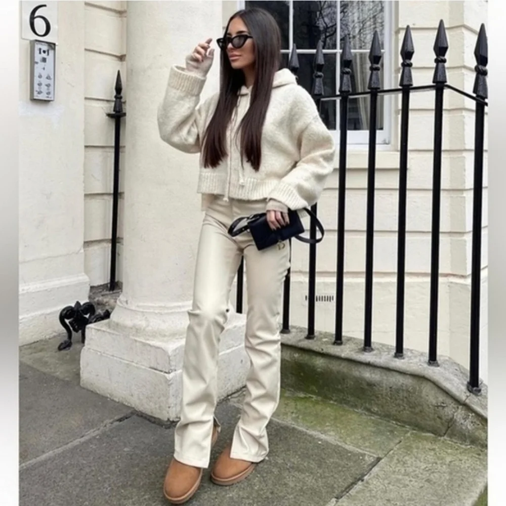 Zara Faux Leather Cream Pants Slit